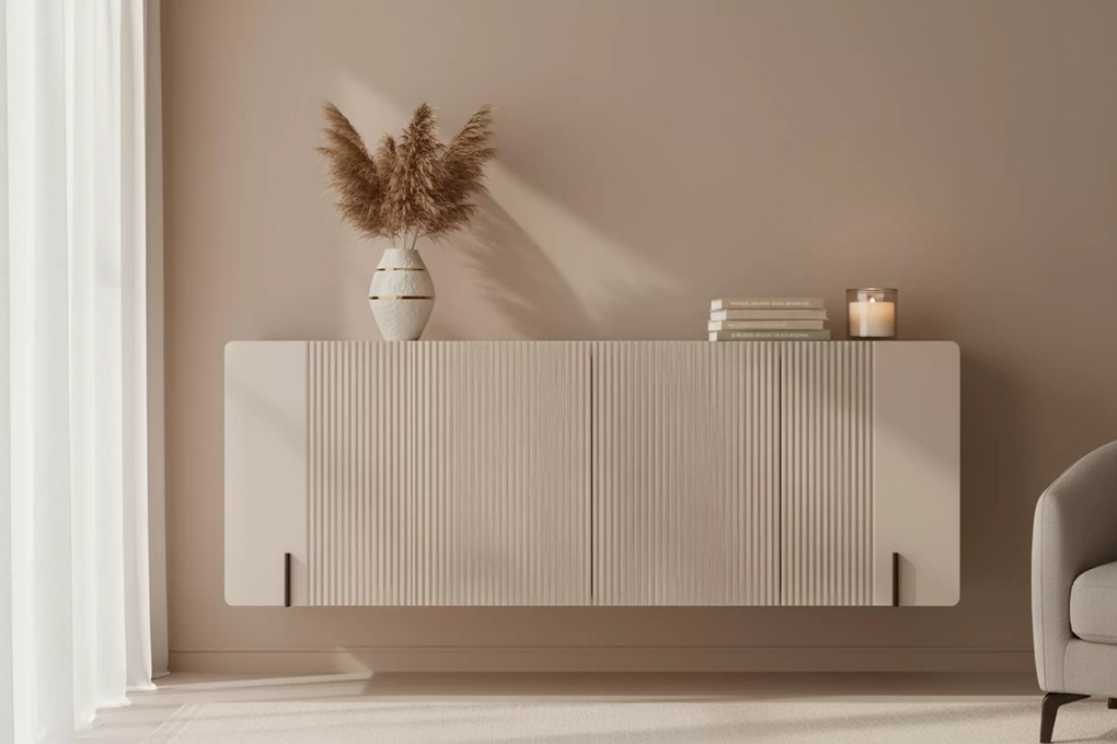 Comodă suspendată Malmi 200 cm cu patru uși - cașmir / crem / elemente negre