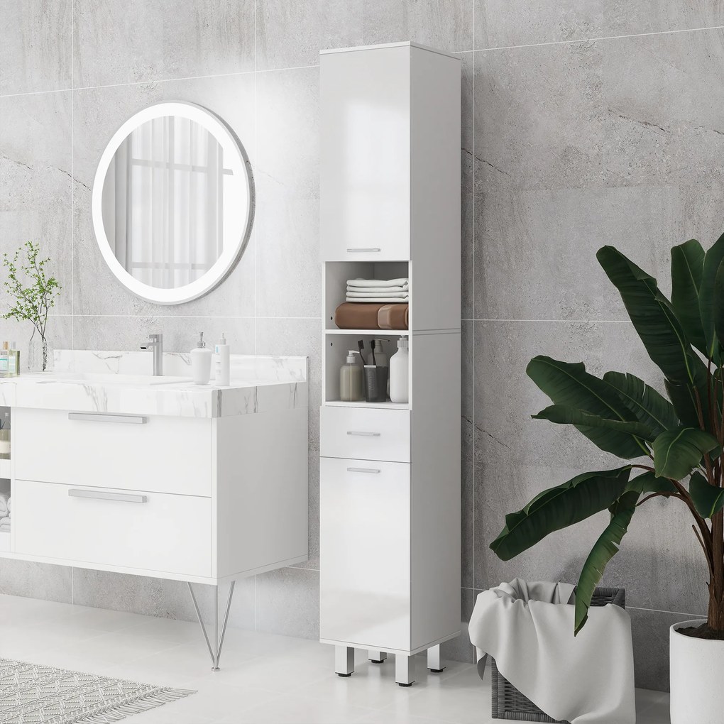 kleankin Mobilier pentru Baie cu 1 Sertar 3 Rafturi Ajustabile și 2 Dulapuri, 30x30x180 cm, Alb Lucios | Aosom Romania