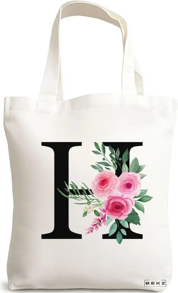Sacosa de Panza pentru Cumparaturi, Geanta Tote, Cu litera H si Trandafiri, 38x34.5 cm, Alba, BEKZ®