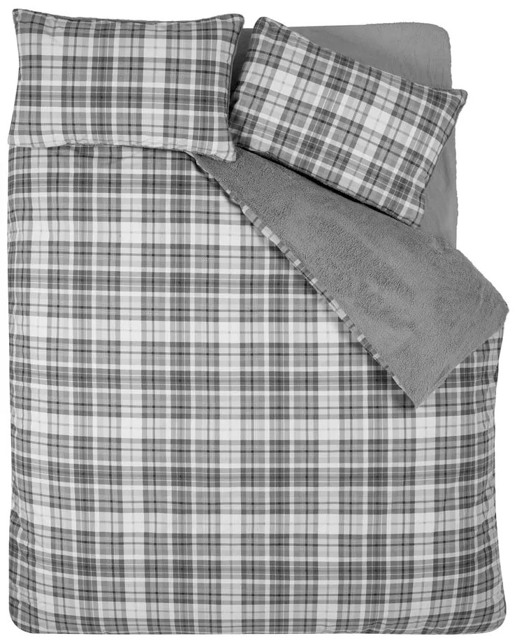 Lenjerie de pat gri din sherpa pentru pat dublu 200x200 cm Cosy Sherpa Check – Catherine Lansfield