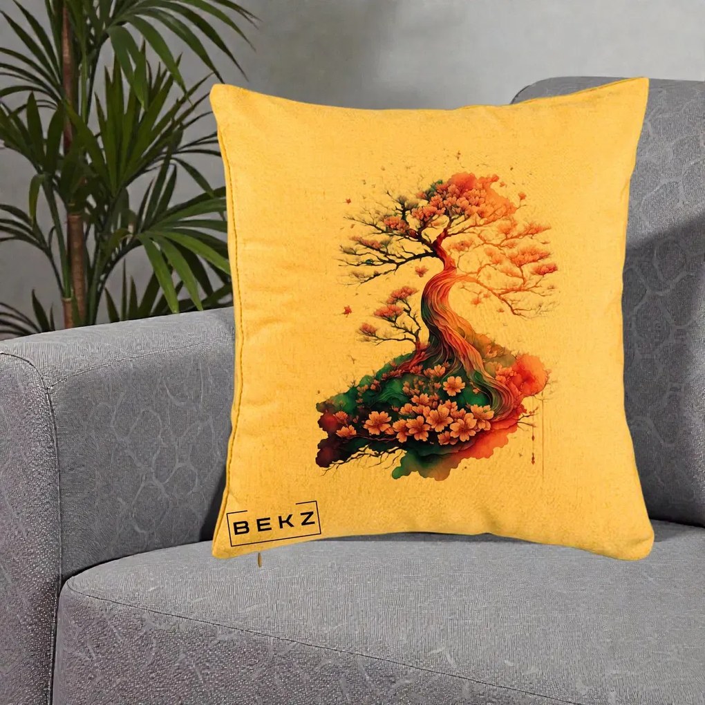 Perna Decorativa Copac Sakura Acuarela Fantasy, 40x40 cm, Galben, Husa Detasabila, Perna Inclusa, BEKZ®