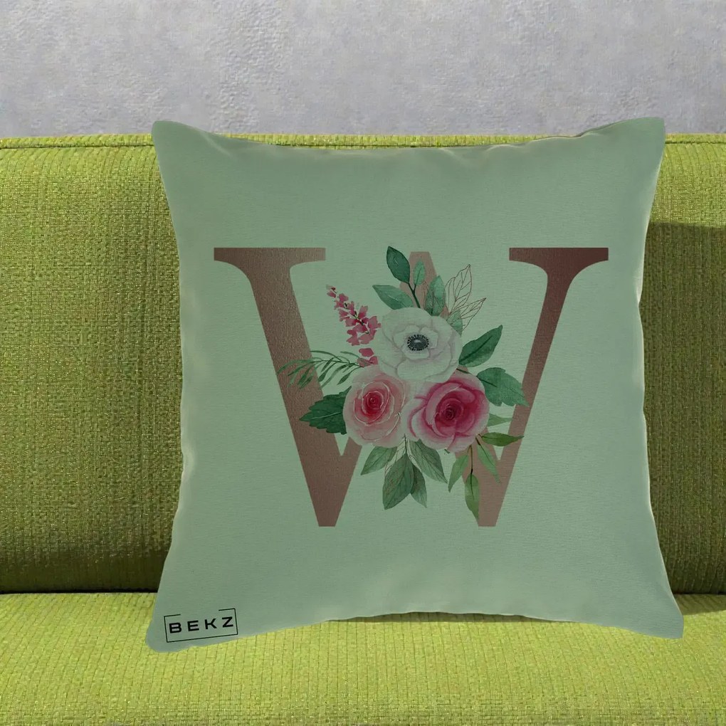 Cadou Personalizat - Perna Personalizata Monograma Rose Gold Litera W cu Trandafiri si Anemona, 40x40 cm, Verde, Husa Detasabila, Perna Inclusa, BEKZ®