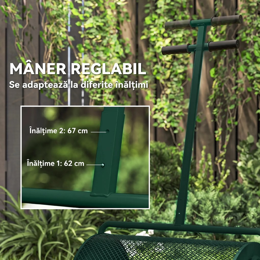 Outsunny Distribuitor de Îngrășământ 75 L din Metal cu Mâner Reglabil în T și Mâner Căptușit, 70x40x112 cm, Verde | Aosom Romania