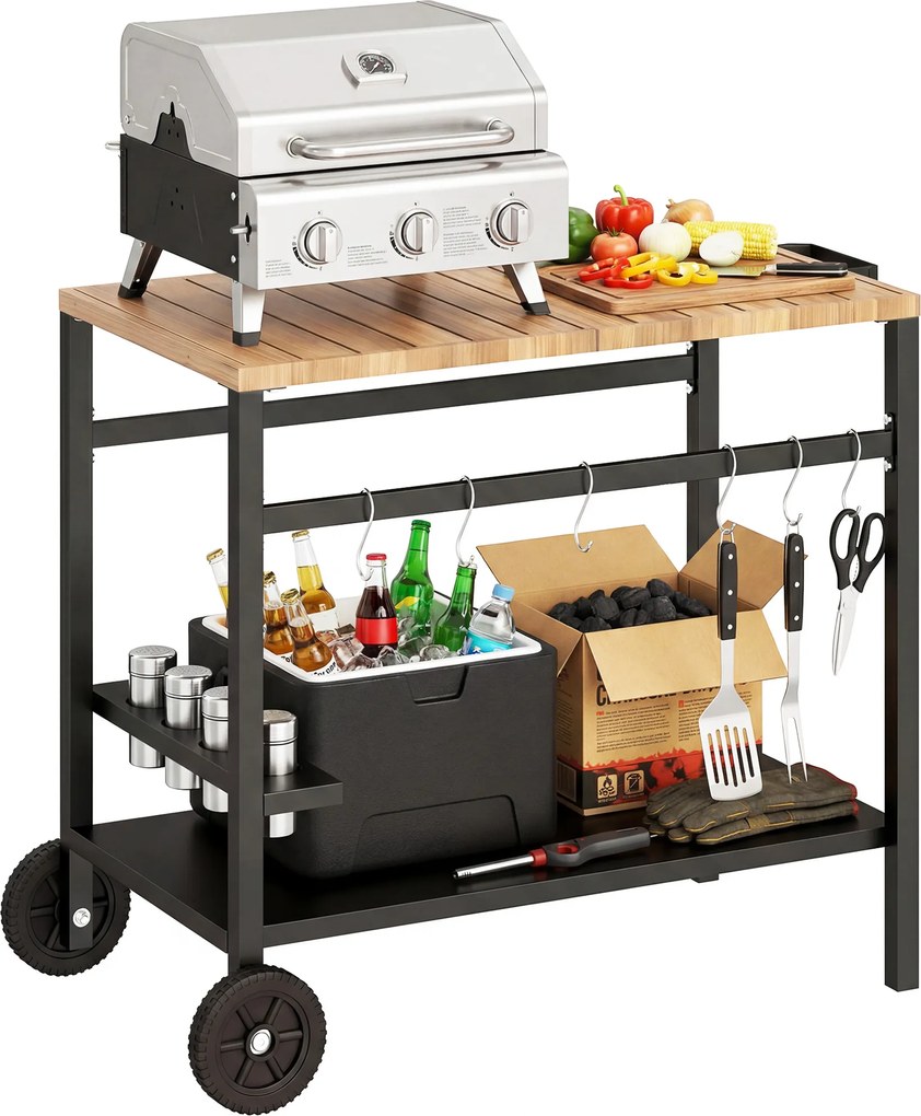 Outsunny Cărucior de grătar cu 2 niveluri Masă auxiliară mobilă pentru grătar cu roți Suport pentru băuturi Cârlige Mâner Negru și Maro | Aosom Romania