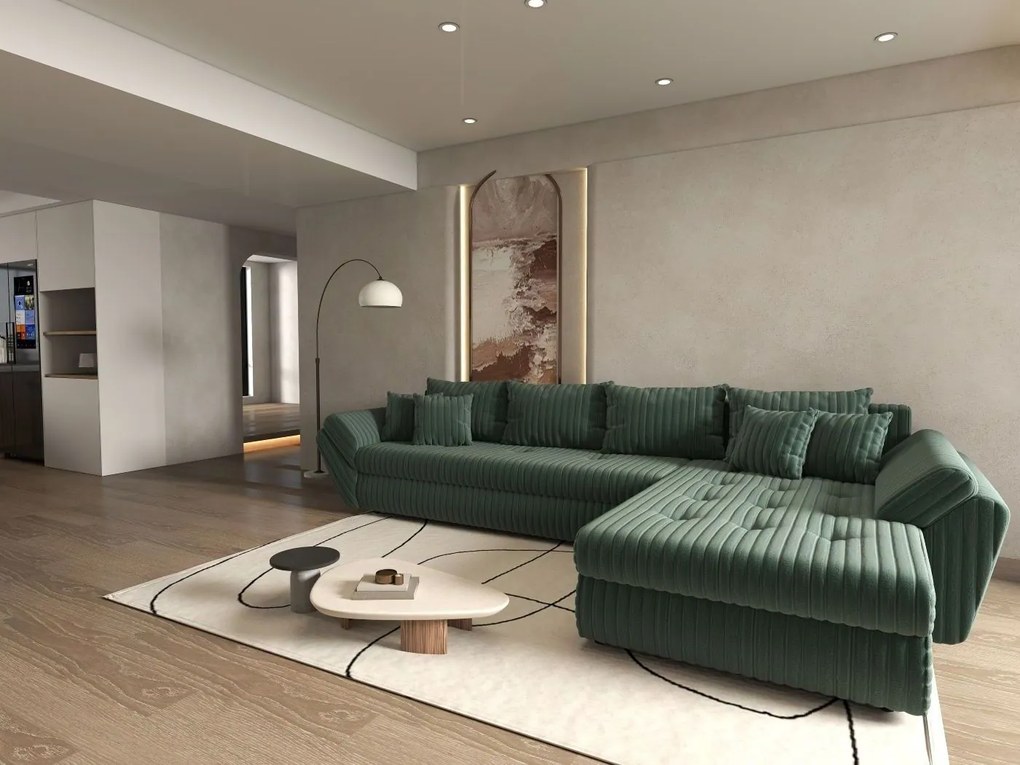 Colțar extensibil dumonde cu ladă de depozitare si sezut confortabil din spuma high-density, Loana XL Ambience Verde II 335x185 cm