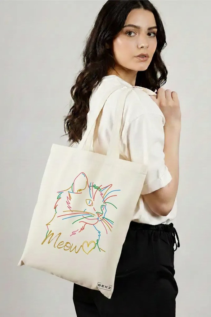 Sacosa de Panza pentru Cumparaturi, Geanta Tote, model Meow, 38x34.5 cm, Alba, BEKZ®