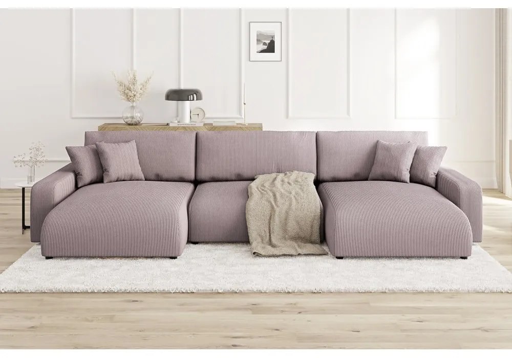 Colțar roz deschis extensibil, cu spațiu de depozitare, cu tapițerie din catifea reiată Sara – Ropez