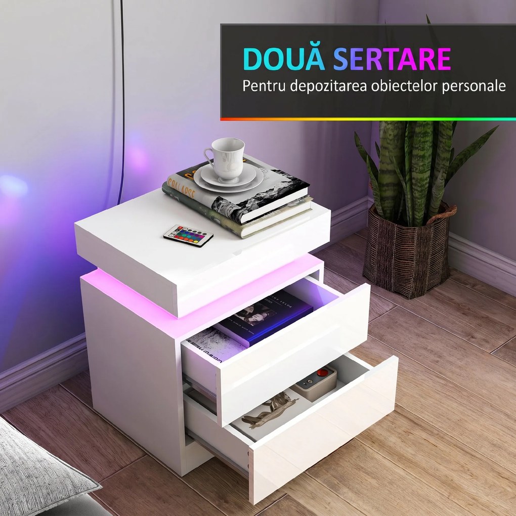 HOMCOM Set 2 Noptiere LED cu 4 Moduri, 2 Sertare, PAL, 45x35x52 cm, Alb Lucios | Aosom Romania