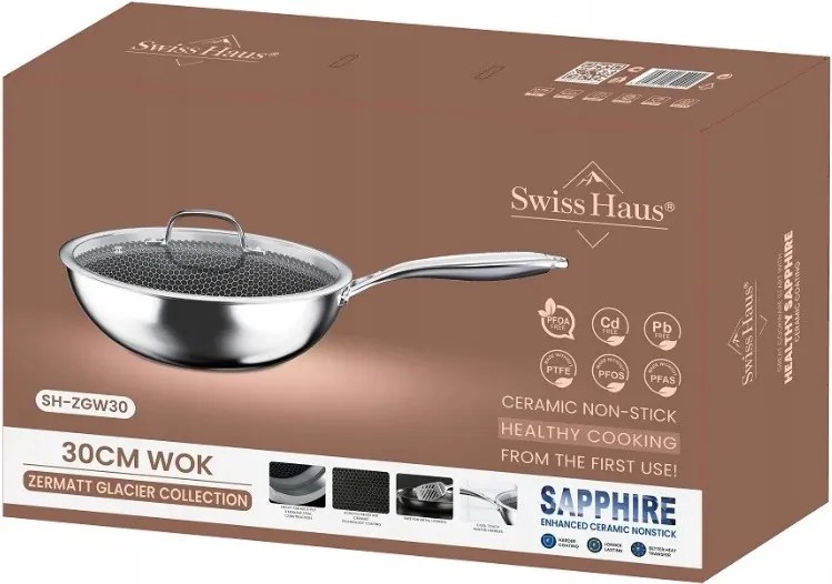 Tigaie wok cu capac Swiss Haus SteelCRAFT SH-ZGW30, 30 cm, 4,8 l, Interior cu relief pentru prajire, Acoperire ceramica Sapphire, Cuptor pana la 260°C, Pentru toate plitele inclusiv inductie, Argintiu