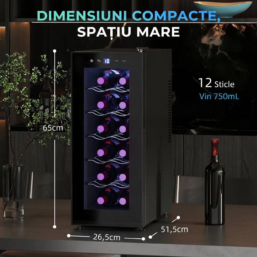 HOMCOM Frigider Termoelectric Dublu pentru 12 Sticle de Vin cu Ușă de Sticlă și Lumină LED, 26,5x51,5x65 cm, Negru | Aosom Romania