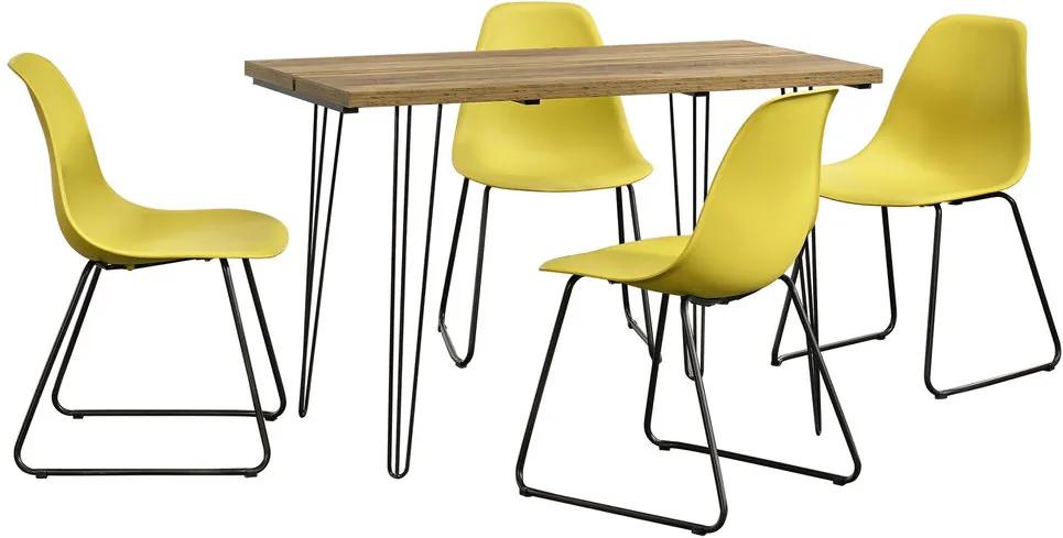 Set Porto masa design bucatarie cu 4 scaune design, Model 1, MDF/otel/plastic, 83 x 46 x 52 cm, efect lemn/mustar