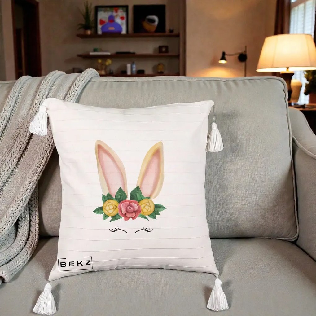 Perna Decorativa Iepuras Flori Urechi Pastelui, 40x40 cm, Bej cu Franjuri, Husa Detasabila, Perna Inclusa, BEKZ®