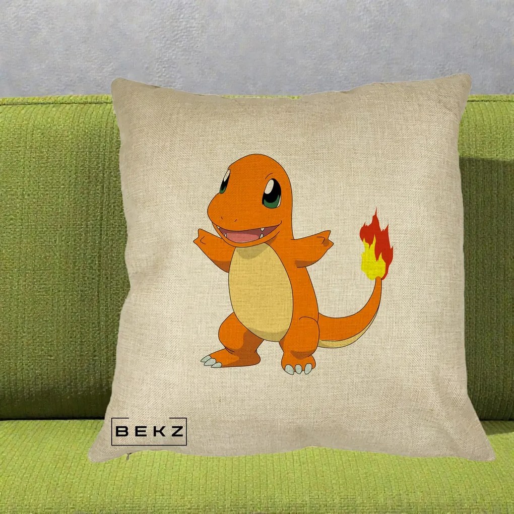 Perna Personalizata Charmander Pokemon, 40x40 cm, Crem, Husa Detasabila, Perna Inclusa, BEKZ®