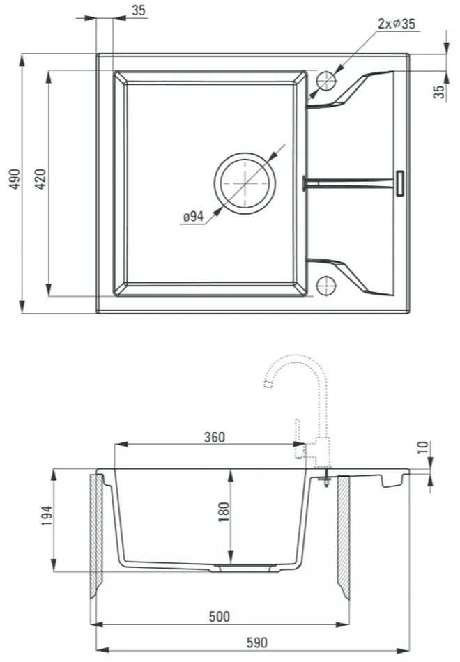 Chiuveta bucatarie compozit cu picurator alb mat 59 cm Deante Andante 590x490 mm, Alb mat