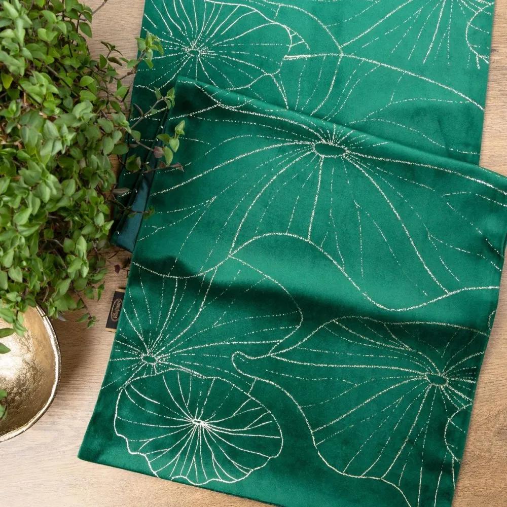 Traversa pentru masa din catifea verde cu imprimeu floral Lățime: 35 cm | Lungime: 140 cm