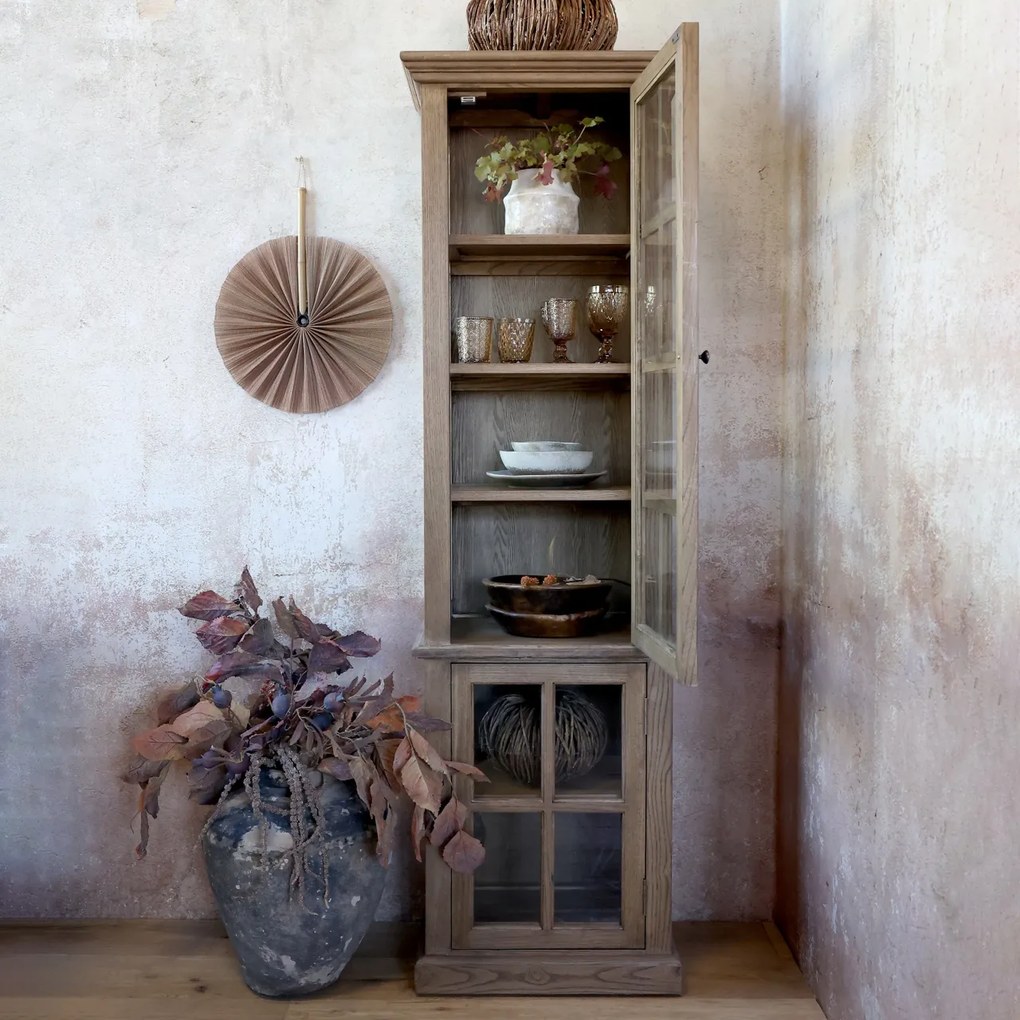 Vitrina din lemn masiv si furnir, natur, cu 2 usi si rafturi, aspect rustic, Marseille