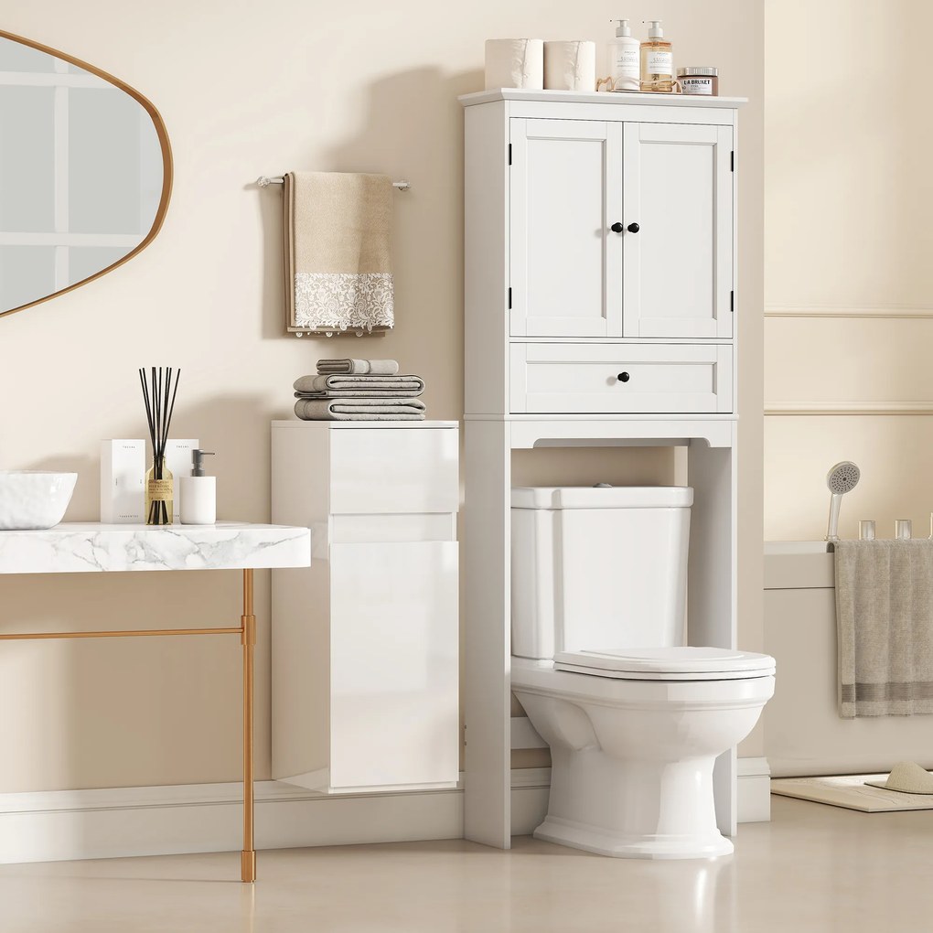 HOMCOM Dulap de Baie Suspendat cu Sertar și Ușă Lucioasă, Raft Reglabil din Sticlă Securizată, 30x34x79,4 cm, Alb Lucios | Aosom Romania