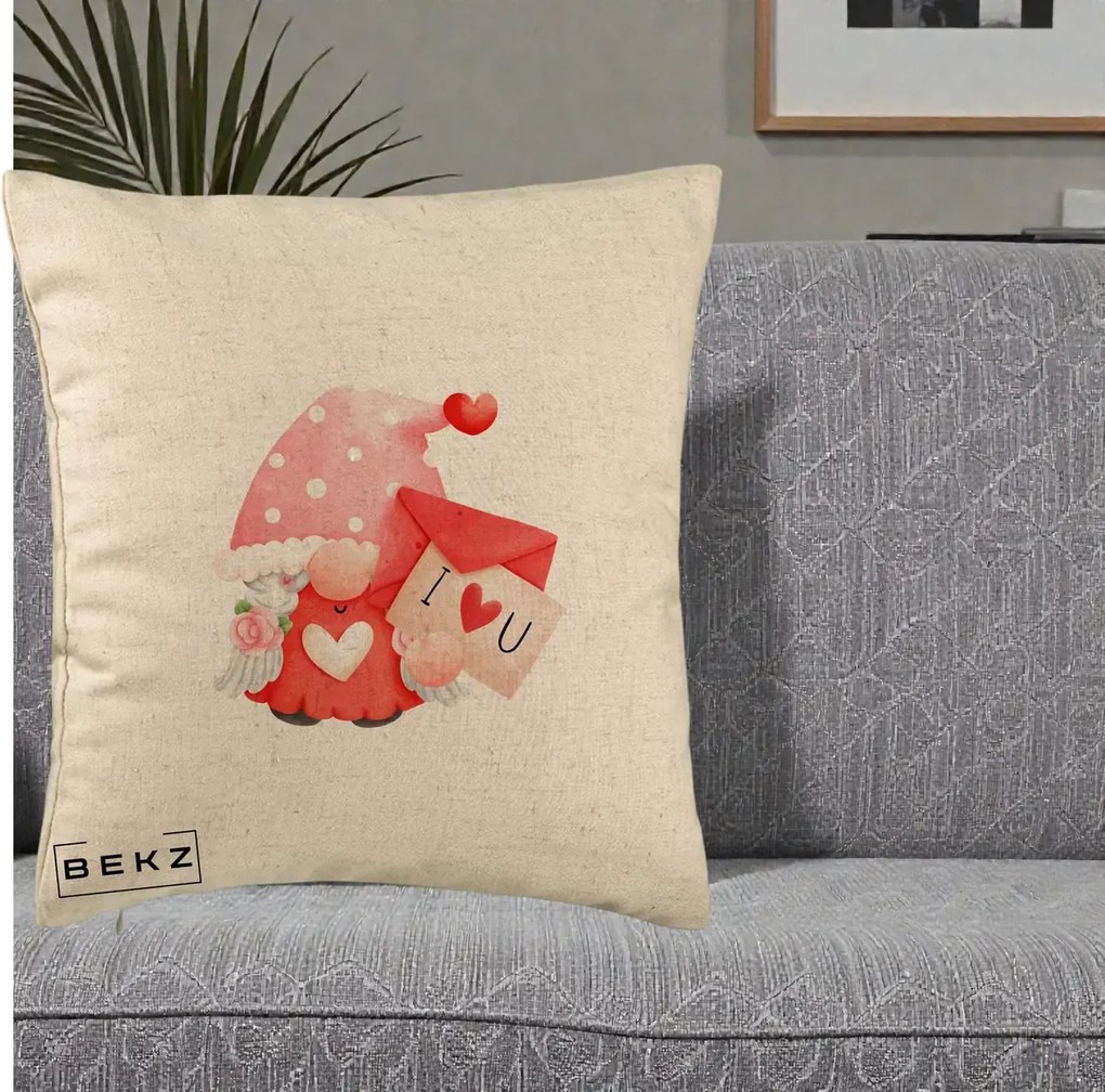 Cadou Romantic - Perna Personalizata I Love You Gnome Valentine cu Scrisoare, 40x40 cm, Bej, Husa Detasabila, Perna Inclusa, BEKZ®