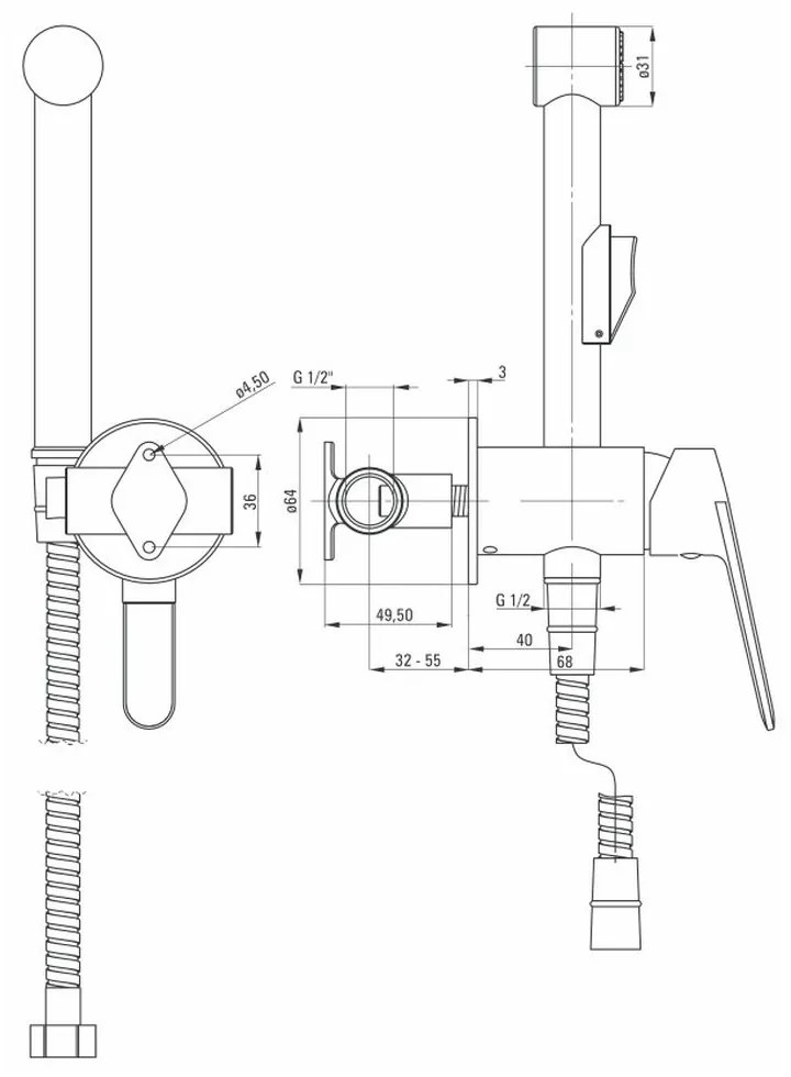 Baterie bideu culoare crom Deante cu para dus bideu, Jasmin