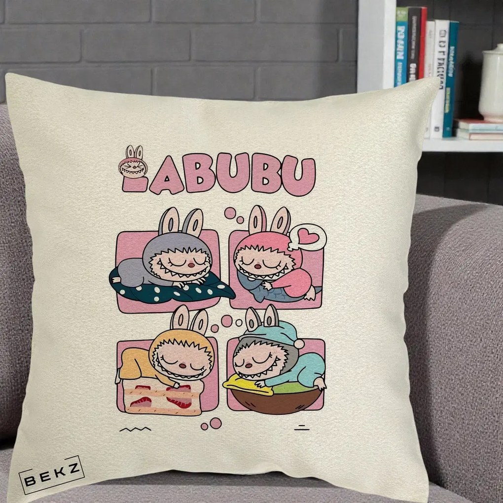 Perna Personalizata Labubu Sleeping Quad Grid, 40x40 cm, Ecru, Husa Detasabila, Perna Inclusa, BEKZ®