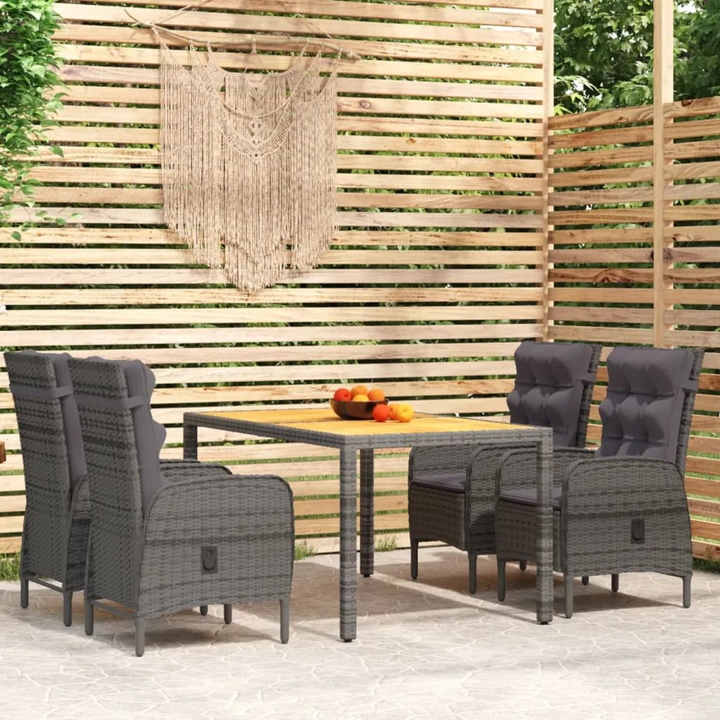 3058503 vidaXL Set mobilier grădină, 5 piese, gri, poliratan și sticlă