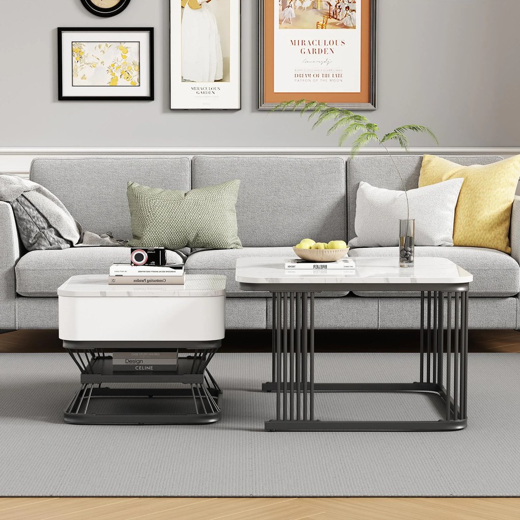 Set masă de cafea, 2 piese, set masă pentru living cu 1 sertar, 70x70x45 cm/50x50x40 cm, Alb+Negru