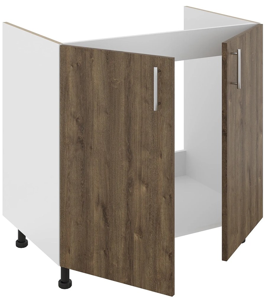 Set Masca Chiuveta Karo, Stejar Bronz/Alb, 80 x 50 x 80 cm, Chiuveta Inox, Cuva dreapta, Baterie Flexibila