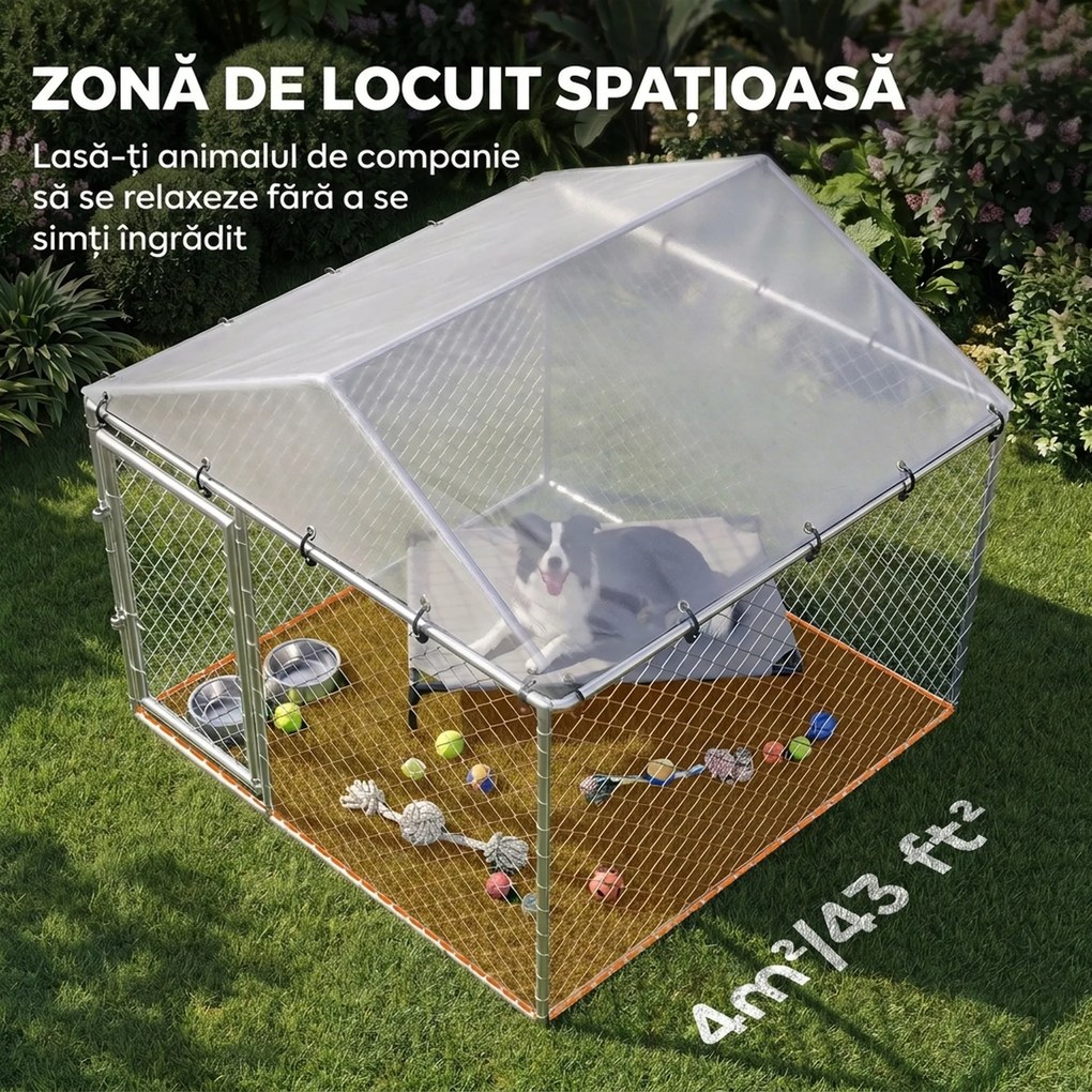 PawHut Țarc Exterior Oțel Galvanizat, Acoperiș Impermeabil Anti-UV, Închidere Dublă, Argintiu. | Aosom Romania