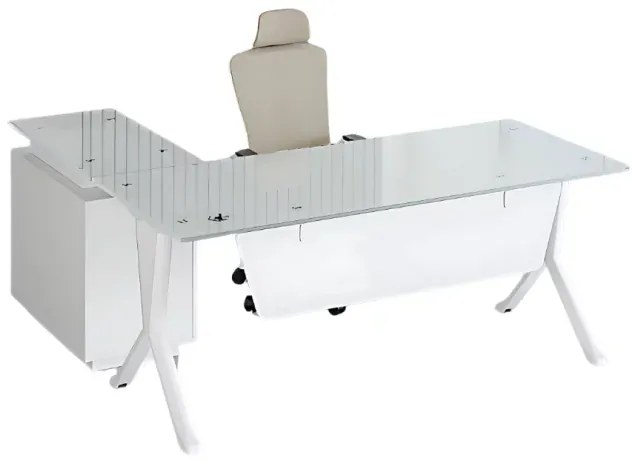 Masă birou in forma de L cu blat din sticla si dulap lateral fix ,design modern și elegant ,calitate premium , dimensiuni 1800*800*750