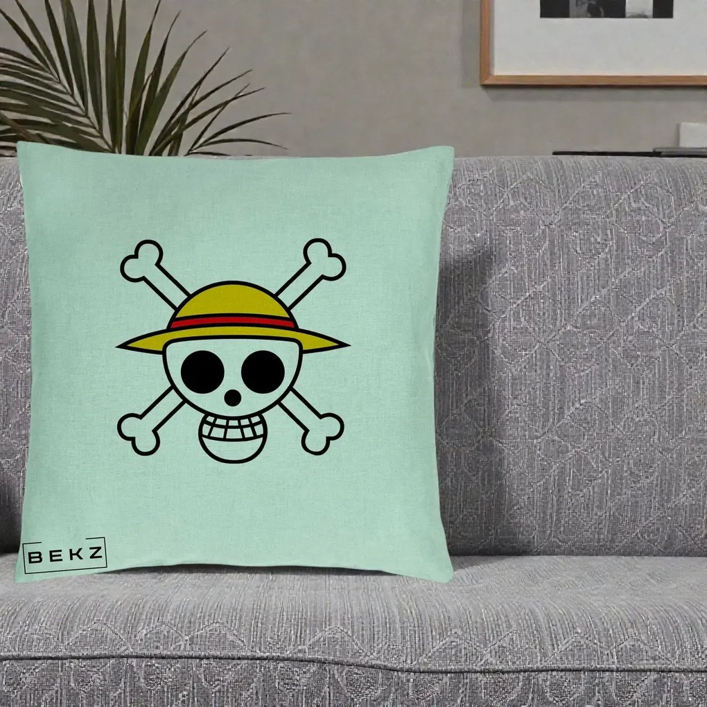 Perna Personalizata One Piece Jolly Roger Straw Hat Pirates, 40x40 cm, Verde Menta, Husa Detasabila, Perna Inclusa, BEKZ®
