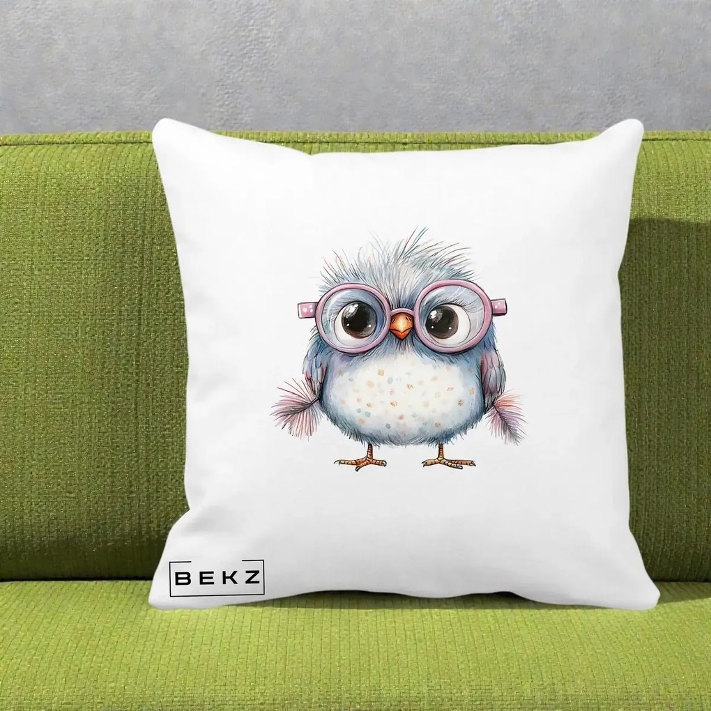 Perna Decorativa Pui Pufos cu Ochelari Roz, 40x40 cm, Alba Mata, Husa Detasabila, Perna Inclusa, BEKZ®