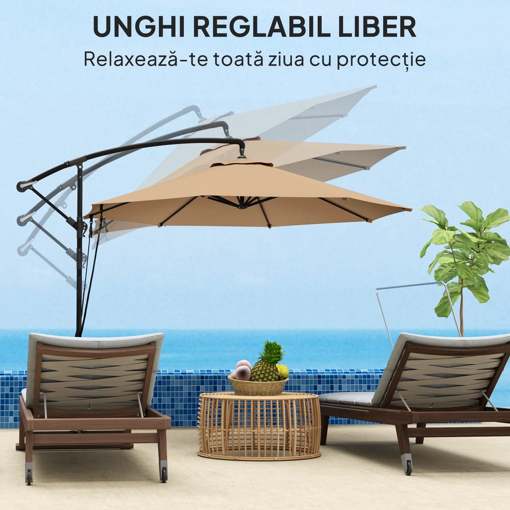 Outsunny Umbrelă de Soare cu Corzi Anti-Vânt, Orificii de Aerisire, Bază în Cruce și Manivelă, Φ290x243 cm, Gri | Aosom Romania