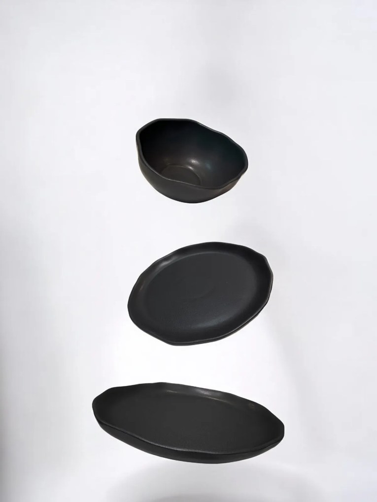 Set Farfurii NOVUM Vulcano 3 piese Negru Mat Carbon (1 Farfurie 26cm, 1 Farfurie 20cm, 1 Bol 480ml) Glazurat Manual