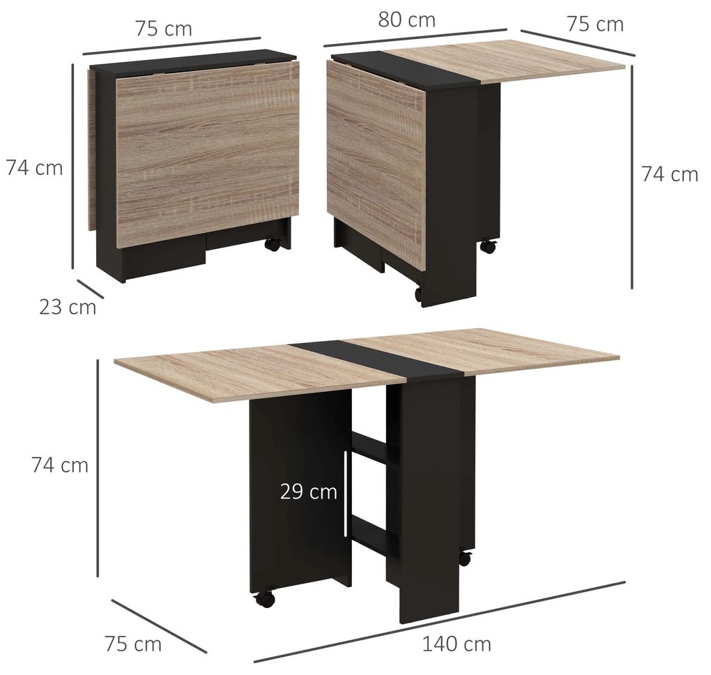 HOMCOM Masă Pliabilă pentru 4-6 Persoane, cu 2 Roți, Masă Rabatabilă cu 2 Rafturi pentru Depozitare, 140x75x74 cm, Negru | Aosom Romania