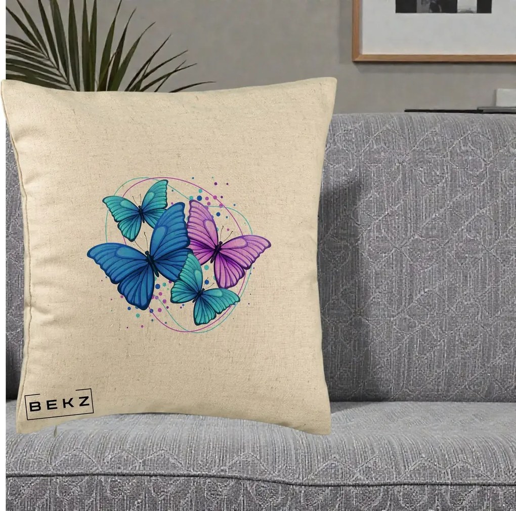 Perna Decorativa Patru Fluturi Turcoaz-Violet, 40x40 cm, Bej, Husa Detasabila, Perna Inclusa, BEKZ®