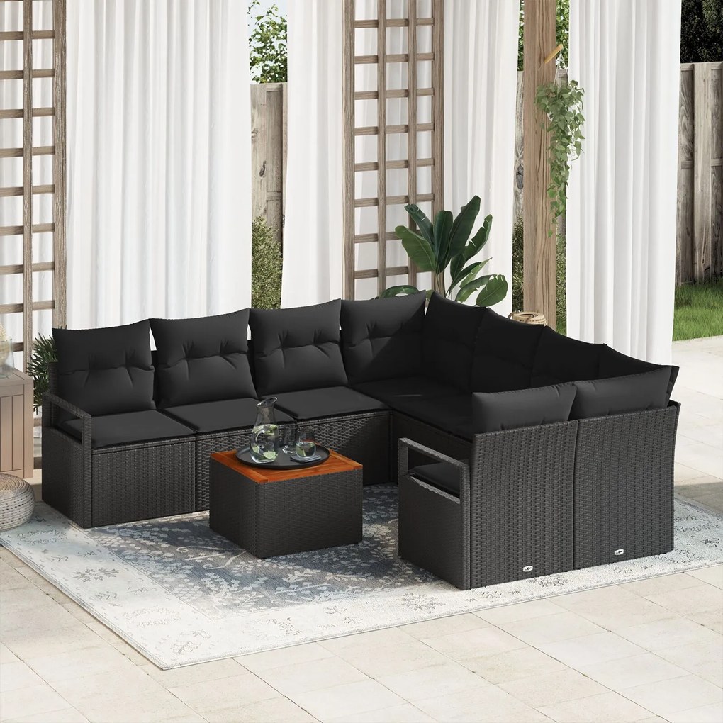 vidaXL Set de canapea de grădină , 9 piese, cu perne, din ratan negru și acacia