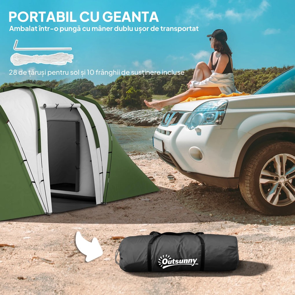 Outsunny Cort de Camping pentru 4-6 Persoane cu 2 Camere, 2 Uși și Geantă de Transport, 555x225x190 cm, Verde | Aosom Romania
