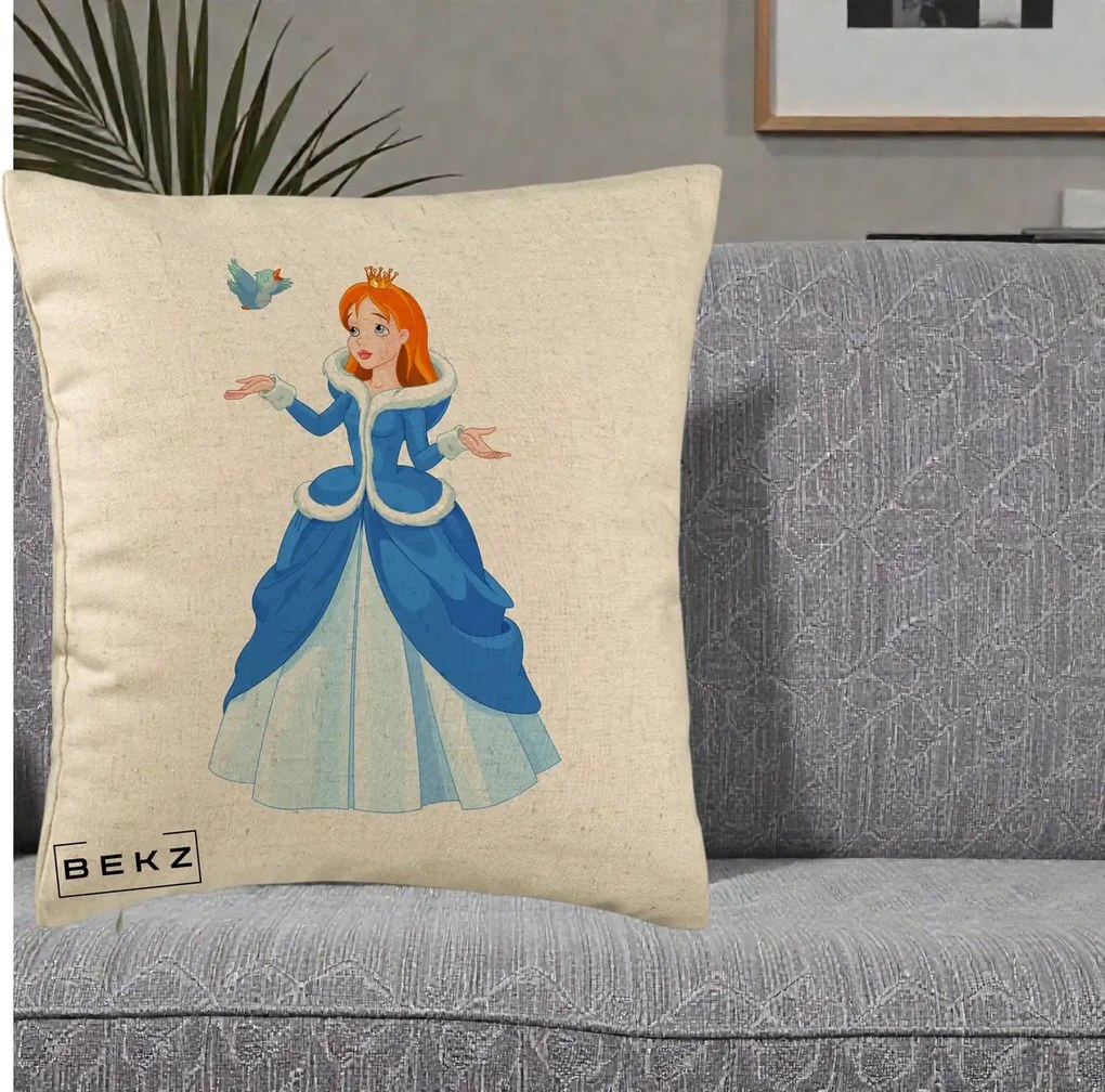 Perna Personalizata Printesa Albastra cu Pasare, 40x40 cm, Bej, Husa Detasabila, Perna Inclusa, BEKZ®