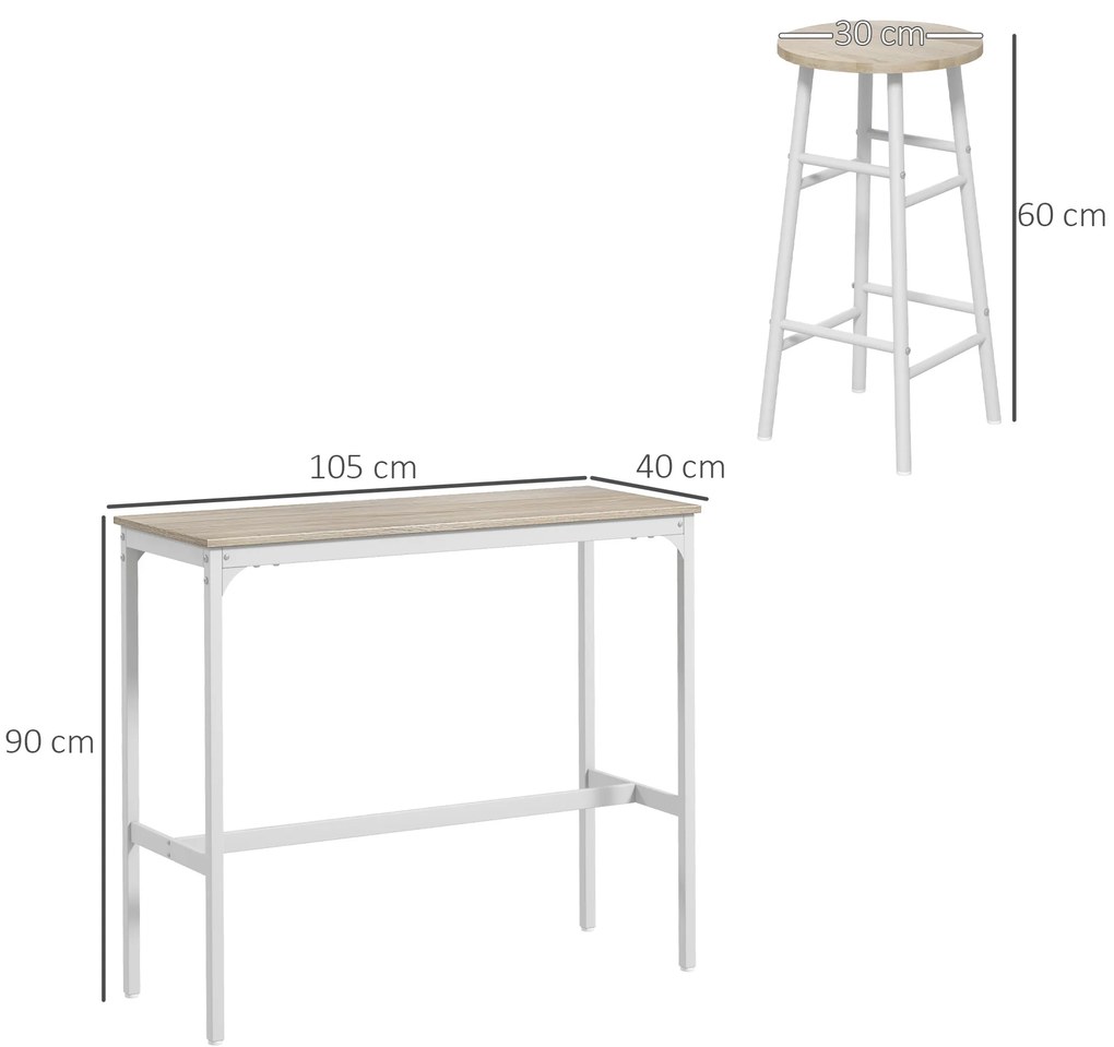 HOMCOM Set masă înaltă de bar + 2 taburete structură din oțel blat aspect lemn natural 2 persoane alb | Aosom Romania