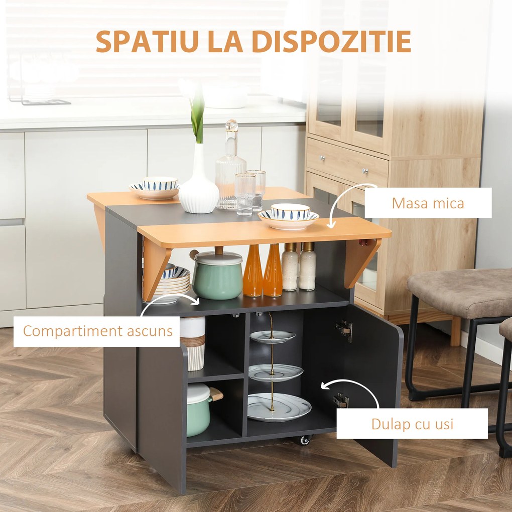 HOMCOM Masă Pliabilă pentru Bucătarie cu Dulap de Depozitare, 70x83x75 cm, Gri | Aosom Romania