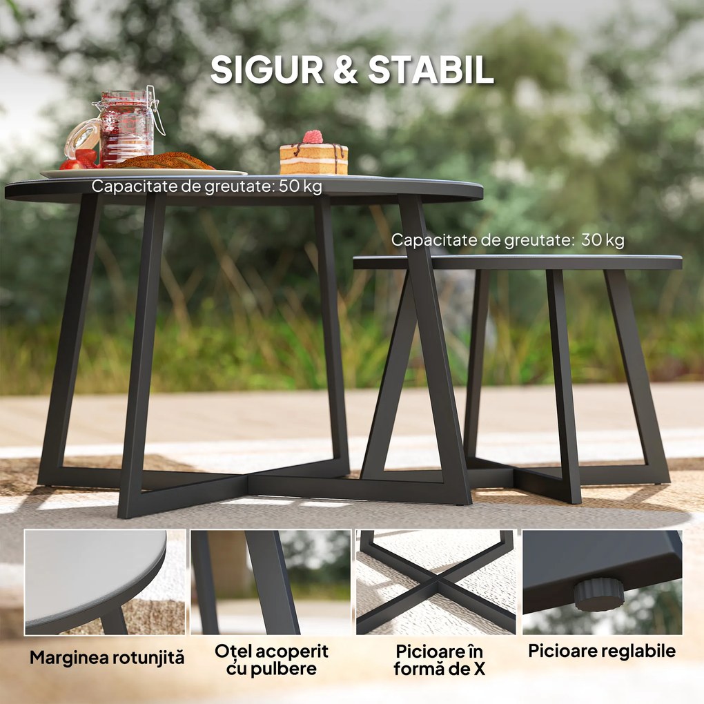 Outsunny Set 2 Măsuțe de Grădină cu Blat din Sticlă Securizată, Ø70x45 cm, Gri | Aosom Romania