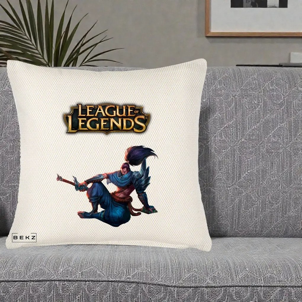 Perna Personalizata League of Legends Yasuo, 40x40 cm, Crem Reliefat, Husa Detasabila, Perna Inclusa, BEKZ®
