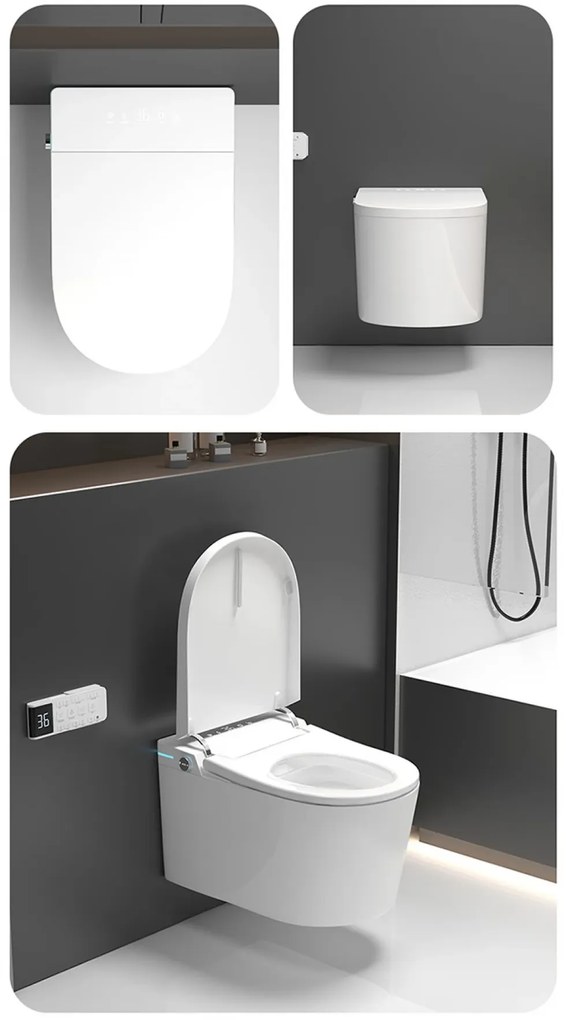 Smart WC 302 – Vas de Toaletă Inteligent cu Bideu, Sterilizare UV, Deschidere/Închidere automată, Senzor picior, Control inteligent al Temperaturii, Uscare aer cald, Iluminare de noapte, Afișaj LED, Telecomandă, Ceramică, Alb