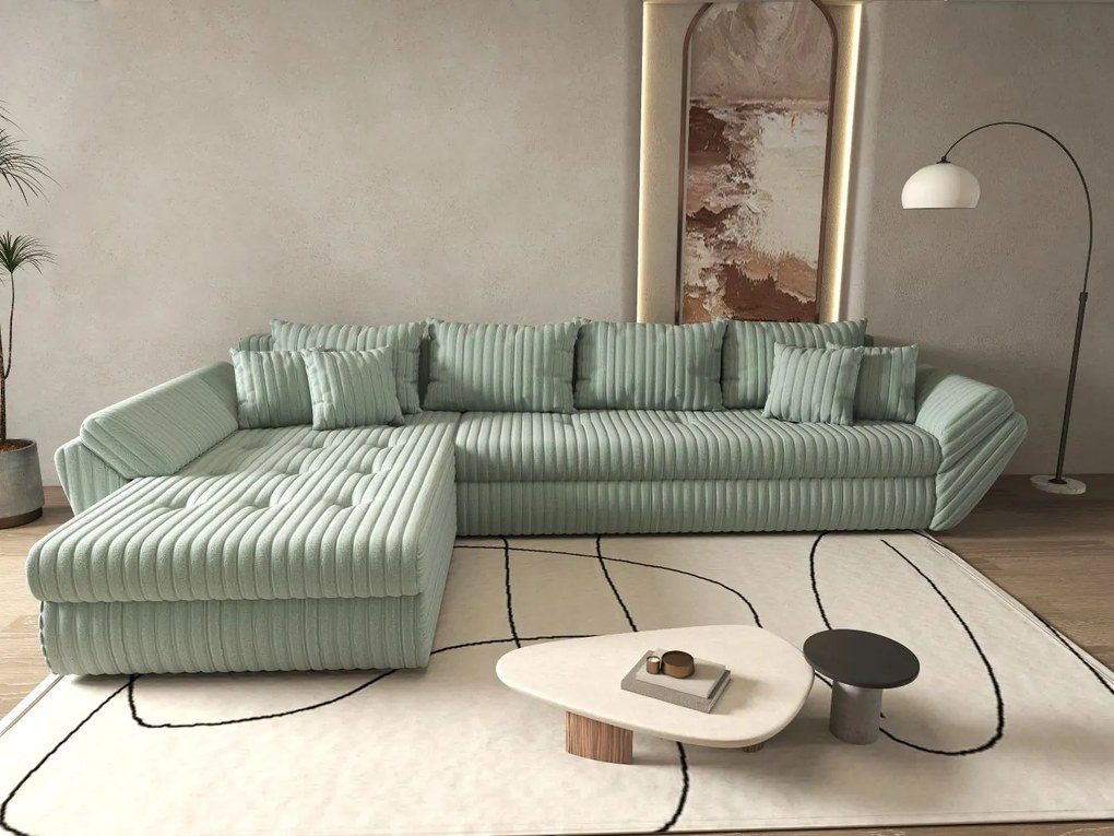 Colțar extensibil dumonde cu ladă de depozitare si sezut confortabil din spuma high-density, Loana XL Ambience Mint 335x185 cm