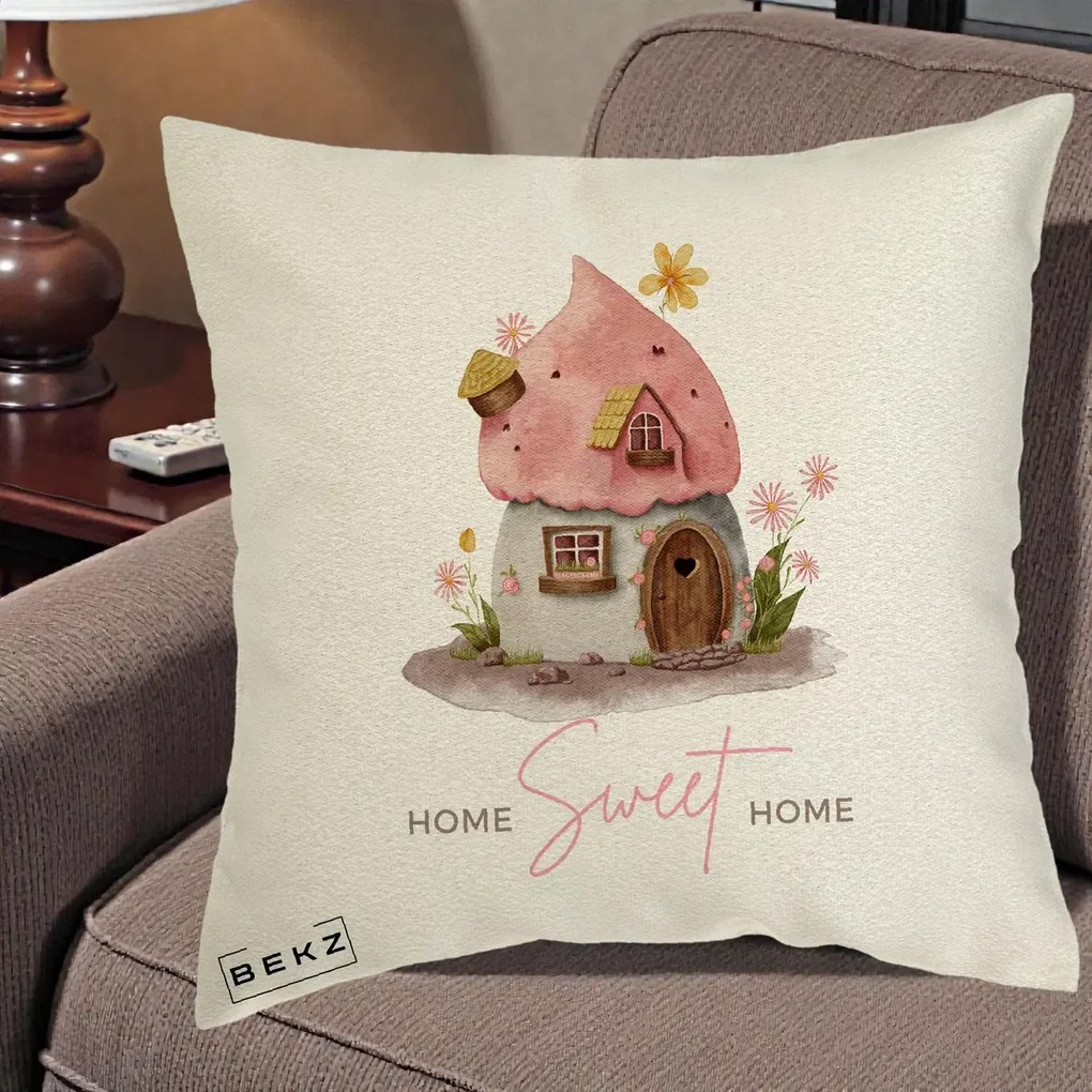 Perna Decorativa Home Sweet Home Casuta, 40x40 cm, Ecru, Husa Detasabila, Perna Inclusa, BEKZ®