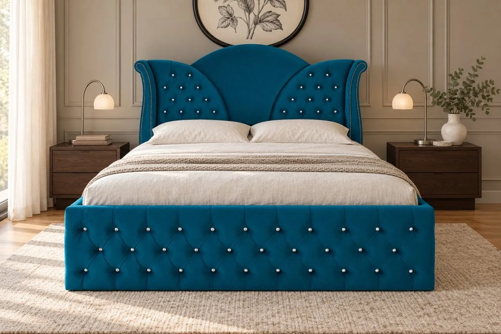 Pat tapițat Chesterfield din catifea Velora Deluxe 140×200 cm, turcoaz, cu ladă de depozitare