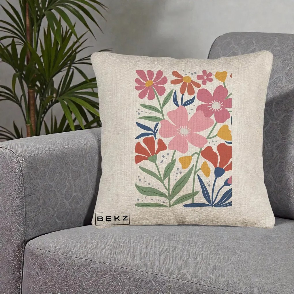 Perna Decorativa Flori Grafice Roz si Terracotta, 40x40 cm, Bej Canapea, Husa Detasabila, Perna Inclusa, BEKZ®