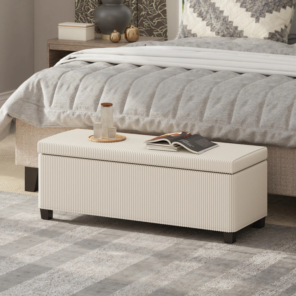 HOMCOM Bancă de Depozitare de 84L, din Țesătură cu Efect de Catifea și Oțel, 112x42x40 cm, Bej | Aosom Romania