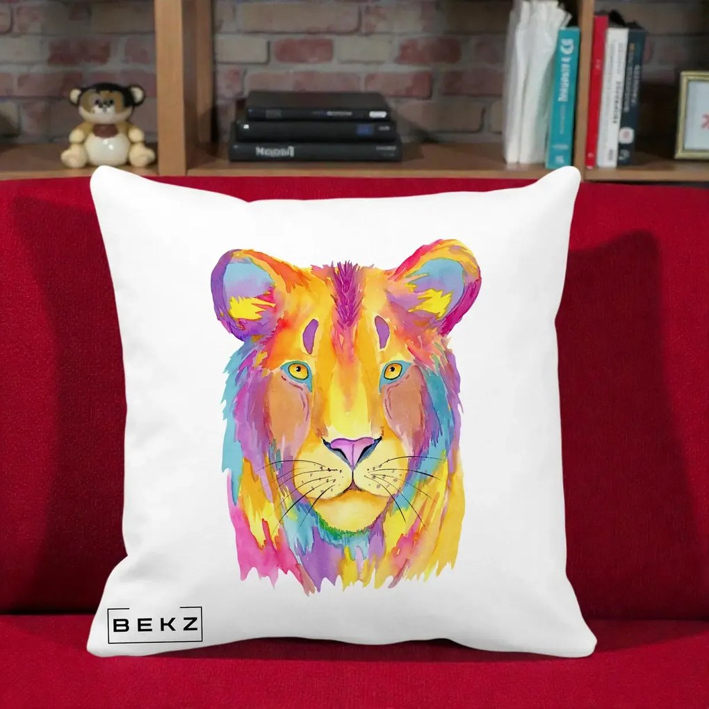 Perna Decorativa Leu Acuarela Curcubeu, 40x40 cm, Alba Mata, Husa Detasabila, Perna Inclusa, BEKZ®