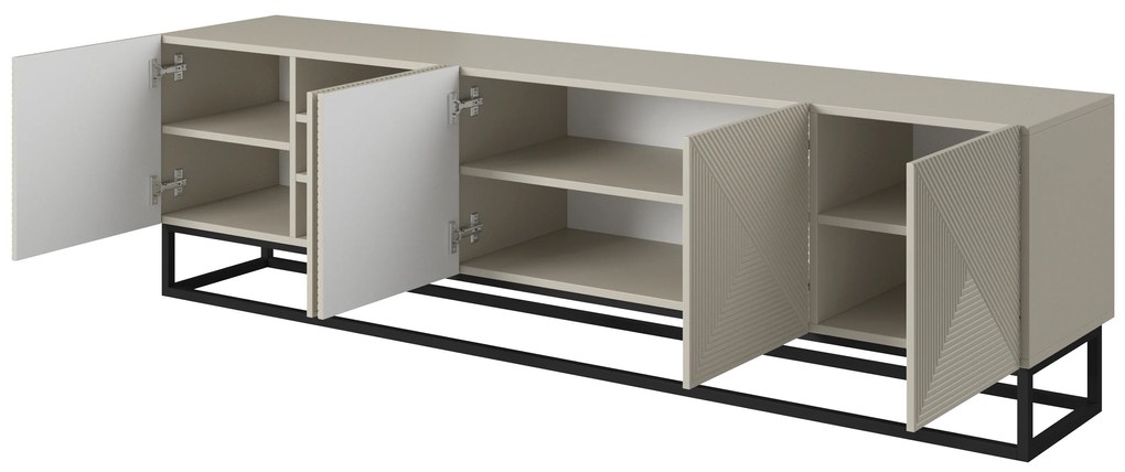 Comodă TV Asha 200 cm cu partea frontală striat și cadru metalic negru – bej cashmere
